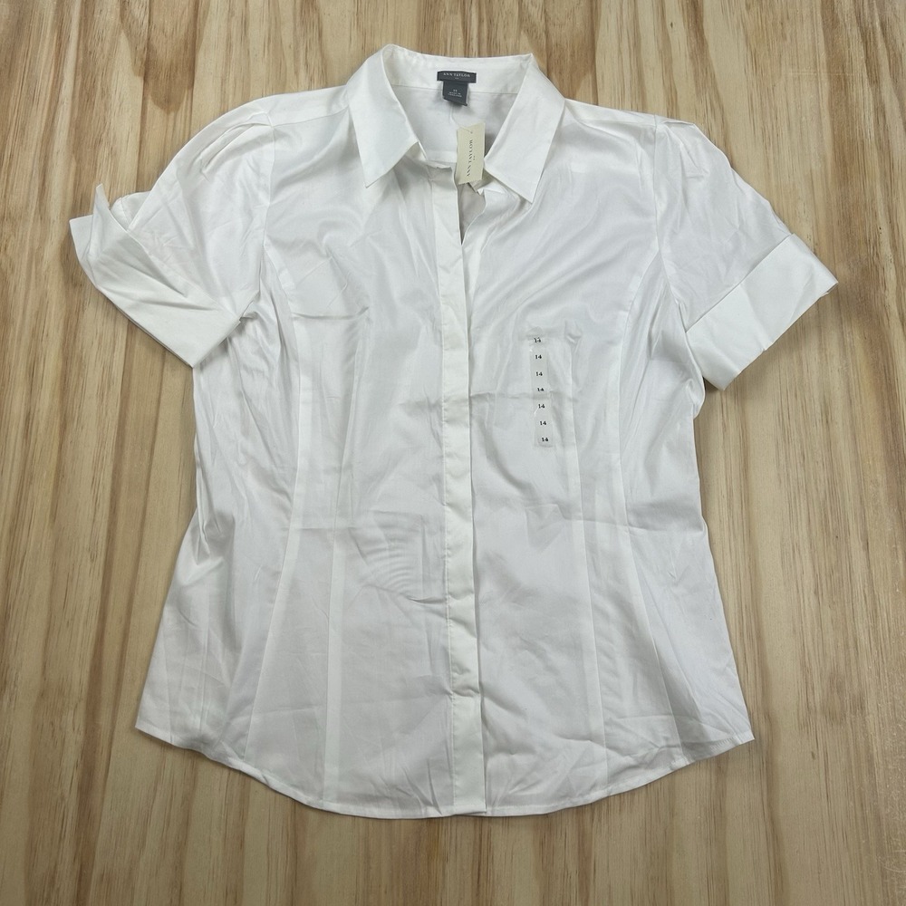 Ann Taylor NEW Women's Button Shirt White Short Sleeve Size 14 Preppy $65 Retail